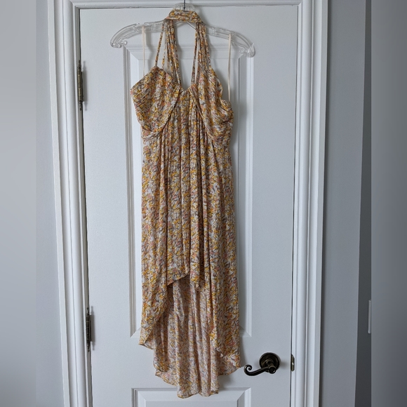 BCBGeneration Peach Multi Color V-neck High-Low A-line Dress - Picture 6 of 7